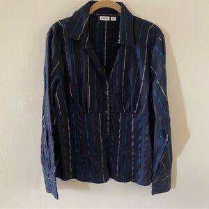 Vintage CATO Black Blue Striped 1/2 Button Down Long Sleeve Blouse Size L Large